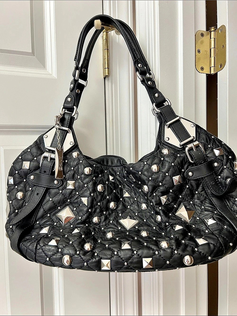 DKNY Studded Quilted Leather Shoulder Bag in Black